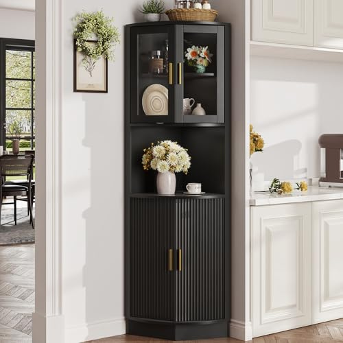 FiveWillowise 64.9 Tall Corner Cabinet, Modern Fluted Storage Cabinet with Glass Door and 5 Storage Shelves, Space Saver for Kitchen, Bathroom, Living Room, Black