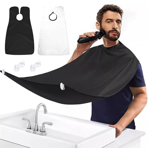 Bart Schablone (2-teilig) – Bartschablone Herren，Barba Wiederverwendbare Rasierumhang mit Verstellbarem Nackenband, Haarschneideumhang Geschenk für Männer, für die Tägliche Shaving, Trimmen | Schwarz und Weiß, verstellbarer Nackengurt und Spiegel-Saugnäpfe, sammelt Haare über dem Waschbecken, zu Hause.