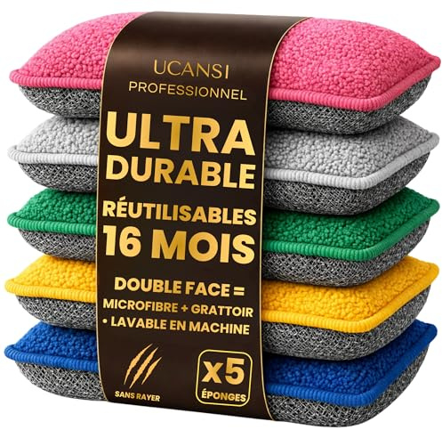 UCANSI – Lot de 5 Éponges Lavables Double Face Anti-Rayures | Microfibre Ultra Absorbante & Hygiénique | Durable, Réutilisable, Séchage Rapide | Vaisselle, Cuisine, INOX, Vitres (Pack Signature)
