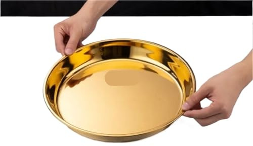 Grand plateau rond en acier inoxydable doré, plateau de service épais, plat à steak, plateau de service for dîner, barbecue, grill, plats de viande(40cm)