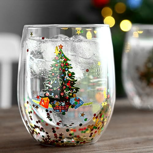 Fhlprte Weihnachtsbaum Tasse,Doppelwandige Lsolierglas,300ml Weihnachten-Becher Kaffee,Hitzebeständige Gläser,Verbrühungsschutz Weihnachtsmilch Trinkbecher,für Zuhause Büro Weihnachten und Geburtstag