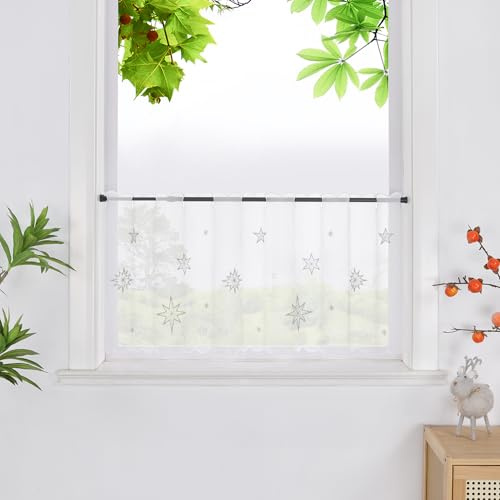 HeichkelL Scheibengardine mit Sterne Transparente Gardine Weihnachten Kurzstores Bistrogardine mit Stickerei Silber HxB 30x120 cm