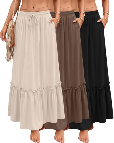 Ficerd Pack de 3 Faldas Maxi Boho para Mujer, Falda Larga de Capas con Volantes, Cintura Alta con Cordón, Vestido Casual con Bolsillos