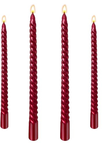 Red Candles, 10 Inch Metallic Red Taper Candles, Pack of 4 Dripless Tall Twisted Candle, Unscented Dinner Candle for Candlesticks Wedding Christmas Birthday Party Decoration