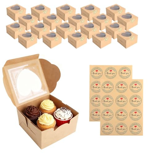 HENGBIRD 20 Pezzi Scatola Cupcake 4 Pollici Marrone, Scatole da Forno con Finestra, Scatola Biscotti in Cartone Pieghevole con 24 Adesivi per Torte, Cookie, Muffin e Macaron per Feste e Regali