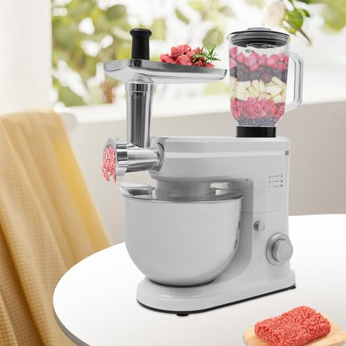 Robot de cocina 3 en 1 con picadora de carne y exprimidor, amasadora para masa de pan, máquina versátil con cabezal inclinable, cuenco de acero inoxidable y 3 herramientas de agitación