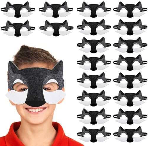 LALADEFIEE Lot de 20 Masques de Loup Demi-visage en Feutre Léger Sangle Élastique, Taille, pour Cosplay, Halloween et Fêtes Costumées, Masque de Fête Réaliste pour Garçon et Filles et
