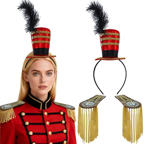 CWENDANER Mini cappello a cilindro e 2 paia di distintivi a spalla in cristallo, fascinator, fascia per la testa, accessorio per costume da circo, cappello a cilindro di carnevale, Halloween, festa