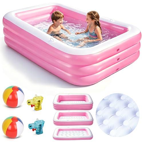 Beeoecm Piscina Hinchable Niños, Piscina Infantil Rectangular con 2 Pelotas de Playa y 2 Mini Pistolas de Agua, Piscine de Verano para Jardín, Exterior y Fiestas de Verano (Rosa)