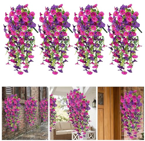 Thhiit 4 Pcs Artificial Hanging Flowers Outdoor, Fake Trailing Hanging Plants for Home Wall Garden Wedding Party Decoration