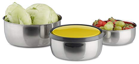 Relaxdays Set di 3 Ciotole con Coperchio, Varie Misure, Scodelle Contenitore in Acciaio Inox, Cucina e Campeggio, Giallo
