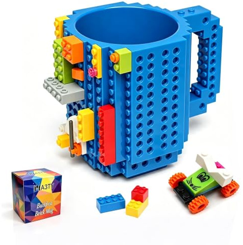 MA3TY Build-On Brick Coffee Mug, Funny Cups DIY Creative Building Blocks Xmas Present, Novelty Christmas Santa Gifts for Women Men,Boyfriends,Thanksgiving,New Year with 3 Bags Accessories (Blue)