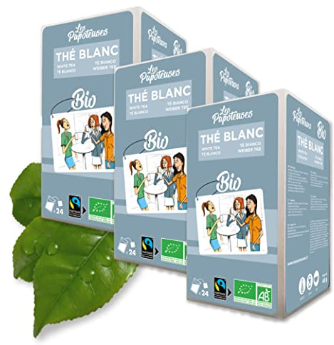 Les Papoteuses | Té blanco bio puro | 72 bolsitas | Certificado ecologico y comercio justo | Lote de 3 cajas de te e infusiones de 24 bolsas | Hojas de tea, idea regalo