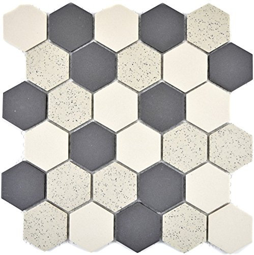 Carrelage mosaïque en céramique beige noir Hexagaon non laqué pour mur de salle de bains - Plaque mosaïque mosaïque - 10 tapis de mosaïque