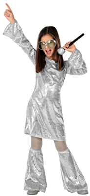 ATOSA | Costume da discoteca d'argento per ragazze | Stile anni '70 | Include vestito e scaldamuscoli | Abito luminoso, comodo e divertente | Ideale per feste, carnevali o eventi | Taglia 5-6 anni