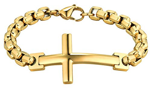 Flongo Herrenarmband Männer Rosenkranz Kette Armkette aus Edelstahl Armband Armreif Panzerkette Kreuz Kruzifix Silber Gold Golden Biker Herren-Accessoires