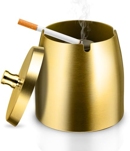 GothicBride Aschenbecher Edelstahl mit Deckel Schwerer Aschenbecher Sturm-Wind Rutschfestem Basis für Draußen und Innen Silber für Zigaretten-Reste und Asche in Garten Bar Büro (Gold-M-10X8X10)