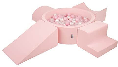 KiddyMoon Spielplatz Aus Schaumstoff Mit Rund Bällebad (200 Bälle) Ballgruben Für Babys Spielbad Hindernisläufen, Hergestellt In Der EU, Pink:Puderrosa/Perle/Transparent