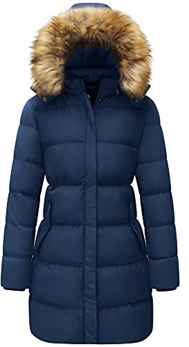 WenVen Lång vinterkappa för kvinnor, vindtät quiltad jacka, tjock jacka, varm vadderad kappa, vinterparkas med fuskpälshuva, Mörkblå, M