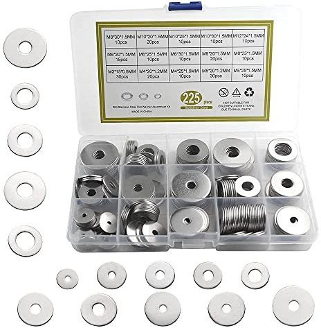 BGTXINGI Assortiment de 225 rondelles plates en acier inoxydable 304 7 types pour la décoration de la maison, les usines, la réparation, les magasins et la construction extérieure