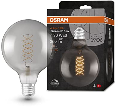 OSRAM Lampada LED Vintage 1906 vetro fumé, 7,8W, 360lm, forma Globo con diametro 125mm e attacco E27, luce bianca calda, filamento a spirale, dimmerabile, durata fino a 15.000 ore