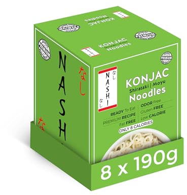 Nashi Konjac Shirataki Noodles 8×190g | Odour-Free, Low Calorie, Fat Free & Sugar Free | Glucomannan Keto, Vegan & Gluten-Free Konjac Pasta | High Fibre, Low Carb Diet Noodles | Ready to Eat