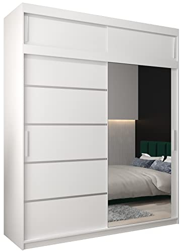 MEBLE KRYSPOL Kleiderschrank mit Spiegel Verona 2 - Garderobenschrank - Schrank Schlafzimmer - Mehrzweckschrank Zwei Schiebetüren - Regalen - Flur Möbel - Kleiderstange Schrank - Allzweckschrank