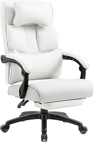 Dowinx Chefsessel Bürostuhl Ergonomisch mit Fußstütze und Gepolsterte Armlehne, Ergonomischer Bürostuhl Stoff, Drehstuhl Computerstuhl mit Hoher Rückenlehne, Höhenverstellbarer Chefstuhl 150 KG (Weiß)