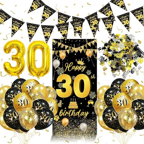 30. Geburtstag Deko Schwarz Gold, Deko 30 Geburtstag für Männer Frauen | 30. Geburtstag Luftballons | Lange Banner 70cm*150cm, Girlande, Zahl 30 Folienballon | 30 Jahre alt Party Supplies Dekor