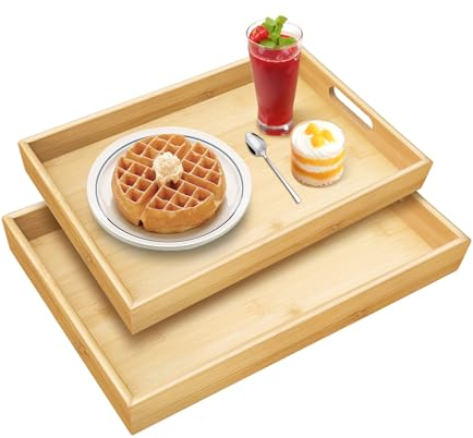 Cinnani 2 Plateaux de Service en Bambou, Plateau Rectangulaire avec Poignées, Plateau Petit Déjeuner pour Vaisselle et Boissons, Idéal pour Réceptions de Fête