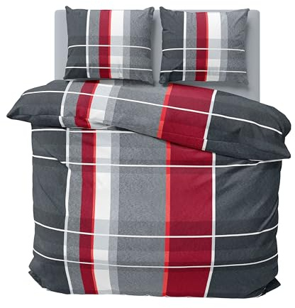 one-home Winter Bettwäsche 200x200 cm kariert gestreift grau rot Flausch Warme Fleece
