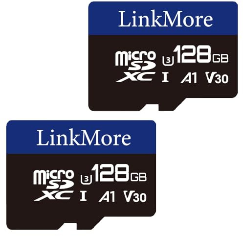 LinkMore 128 Go Carte Micro SDXC (Lot de 2 Cartes), A1, UHS-I, U3, V30, Classe 10, Adaptateur SD Inclus, Compatible Smartphone