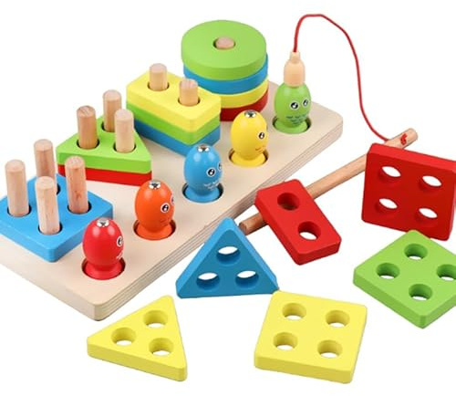 HhBdy Magnetisches Angelspiel aus Holz Sortier und Stapelspielzeug aus Holz Montessori Spielzeug ab 1 2 3 Jahre Macaron Farbe Angelspiel ab 1 Jahr Geometrische Bausteine Lernspielzeug für Kinder