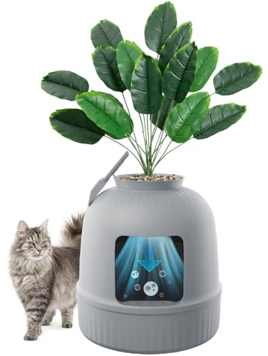 Lifewit Katzenklo mit Kunstpflanze und Schaufel für große Katzen, verstecktes Katzenklo mit Geruchskontrolle & Kohlefilter im Wohnzimmer/Schlafzimmer/Badezimmer, Grau