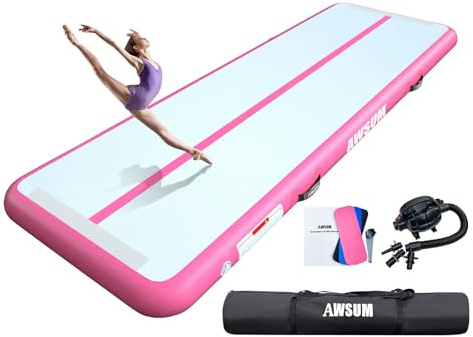 AWSUM Aufblasbare Trainingsmatte 400x100x10CM Air Matt Track Matte Gymnastikmatte Tumbling Matten Turnmatte mit Luftpumpe Tragetasche für Zuhause Outdoor Yoga 4M 10CM hoch Rosa