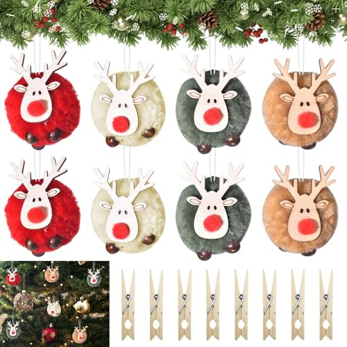 Elch Weihnachtsanhänger, 8 Stück Weihnachtsbaum Anhänger, Plüschholzanhänger Weihnachten, Filzanhänger Weihnachten, Weihnachtlicher Baumschmuck mit Holzklammern für DIY Weihnachtsdeko, Festtagsfeier