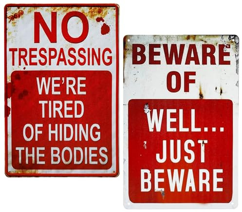 YUEBAOWAN Halloween Decorations Outdoor: 2 Pack Halloween Signs Vintage-Retro Outdoor Patio Garden Party or Indoor Decor - No Trespassing We're Tired of Hiding The Bodies & Beware of Well Just Beware