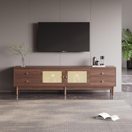 HAINEW Meuble TV bas style maison de campagne avec 2 portes en rotin et 4 tiroirs, 180 cm de long, pour téléviseur jusqu'à 80, couleur noyer