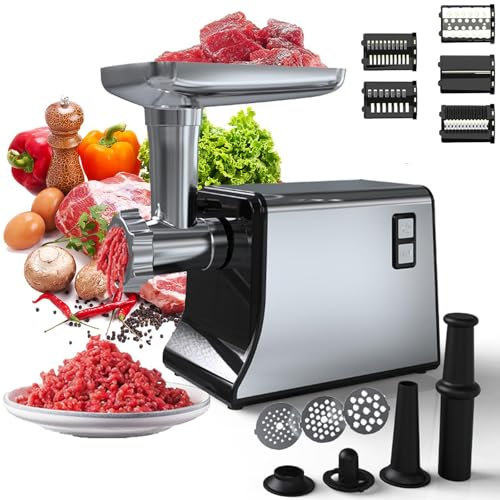 Hachoir à Viande électrique, Hachoir à Viande Et Poussoir à Saucisses 2 en 1 en Acier Inoxydable, 270 TR/Min, Moteur en Cuivre Puissant, Poussoir à Saucisses avec 7 Accessoires