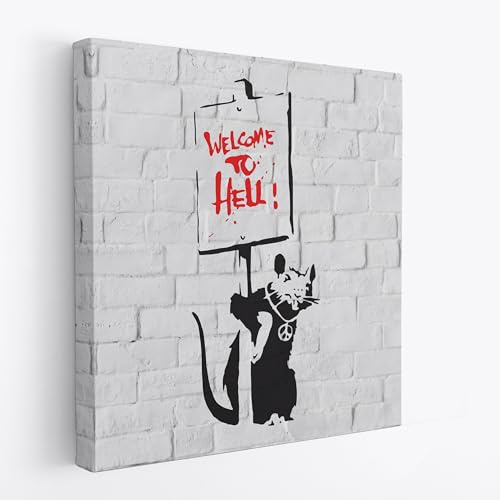 Banksy Riproduzione Artistica Welcome to Hell 50x50cm - Quadro su Tela in Cotone con Telaio, Pronto da Appendere, Quadri Moderni Soggiorno, Arredo Casa Ufficio, Eco-Friendly, Made in Italy