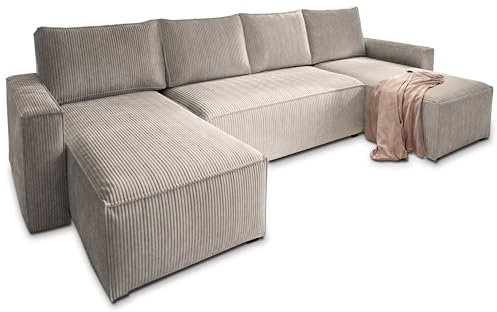 Masseno Ecksofa ASPRA mit Schlaffunktion U-Form, Sofa mit Bettkasten, Wohnzimmersofa, Couch, Soffa, Bettsofa, Couchgarnitur- Beige, POSO 02