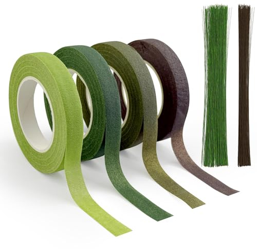 CTYUEYUN 4 Stück Floristenband 150Pcs Floristendraht Floristry Supplies | 27m/Rolle Bouquet Tape for Florist Bouquet Fixing and DIY Packaging Decoration(Grün, Kaffee)
