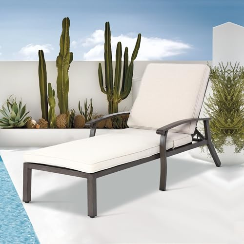 Villeston Sonnenliege, Gartenliege Wetterfest mit Auflage | Oversize Liegestuhl, 5-stufig Verstellbarer Rückenlehne, mit Rädern für Terrasse und Poolbereich, Beige