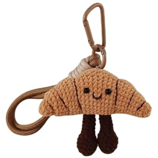 Yakiki Niedlicher Croissant-Plüsch-Schlüsselanhänger, Gehäkeltes Telefon-Charm mit Karabiner, Braune Handgefertigte Hakenweberei-Puppe, Taschenanhänger, Taschenaufhängung, Dekoration