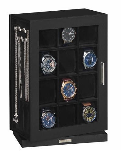SONGMICS Uhrenbox mit 12 Fächer, Uhrenkasten mit Glasfenstern, 360° drehbar, vertikal, für Schmuck, Sonnenbrillen, Ringe, 10 Halskettenhaken, abnehmbare Kissen, Samtfutter, schwarz JWB028B01