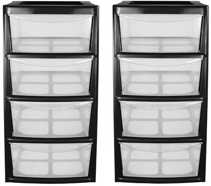 simpa Mini Plastic 4 Drawer Tower Storage Unit - Black Gloss Finish, Set of 2 Units - 40cm (H) x 19cm (W) x 25.5cm (D)
