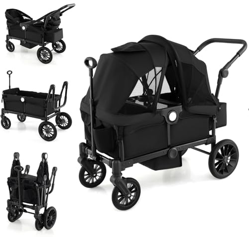 Maxmass Folding Stroller Wagon for 2 Kids, Double Baby Stroller with Removable Canopy, Adjustable Handle, Food Tray, 3-Point Harness & Cup Holder, Infant Pushchair for Outdoor (Black)
