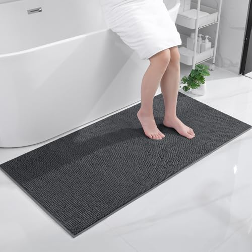 OLANLY Chenille badrumsmatta halkfri badrumsmatta mjuk badmatta absorberande badrumsmatta tvättbar stor duschmatta för badrum, 70 x 150 cm, mörkgrå