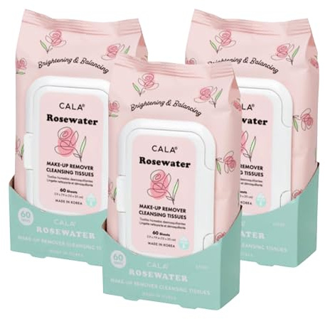 CALA Makeup Remover Cleansing Tissues: RoseWater (60 Sheets) - Gentle, Hydrating, and Effective Makeup Removal for All Skin Types (60ct Pack of 3)