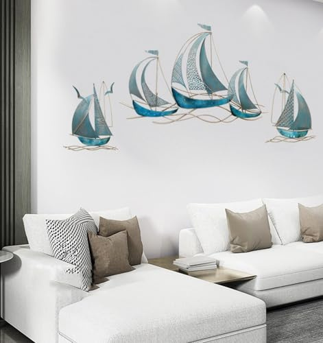 BDXZJ Metall Wanddeko Schiff, Segelboot Wanddeko Maritim 3D-Seeschiff-Wandskulpturen, Handgefertigte Küsten-Strand-Segelboot-Wandkunst, Metall Haus Wanddekoration Für Wohnzimmer B